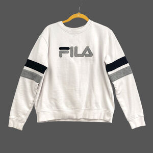 VTG FILA Sweatshirt Lg Y2K White Spell Out Stripe Streetwear Retro Sport Hip hop